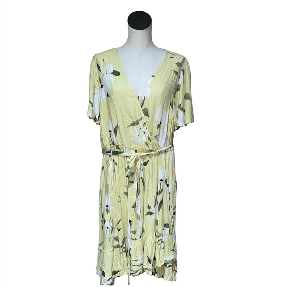 NWOT Rachel Rachel Roy Yellow Flutter Sleeve Floral Print Faux Wrap Dress - Picture 5 of 8